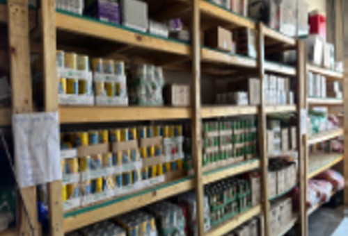 Stocked food pantry shelves